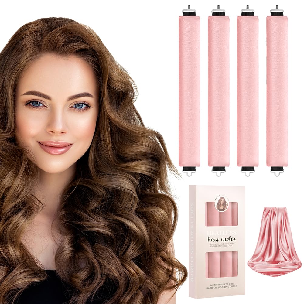 LOPHE 4 Pcs Heatless Hair Curler, Heatless Curls Blowout Rods Headband with Hair Scarf, Overnight Soft Hair Roller Rods with Hook, Long Hair Styling Tools for Women Gift, Pink