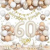 60th Birthday Party Decorations for Women Men, Sand White Gold 60 Year Old Balloon Set, Beige Gold Number 60 Party Decorations, Happy Birthday Banner with Cake Topper for Him Her Boho Party Supplies