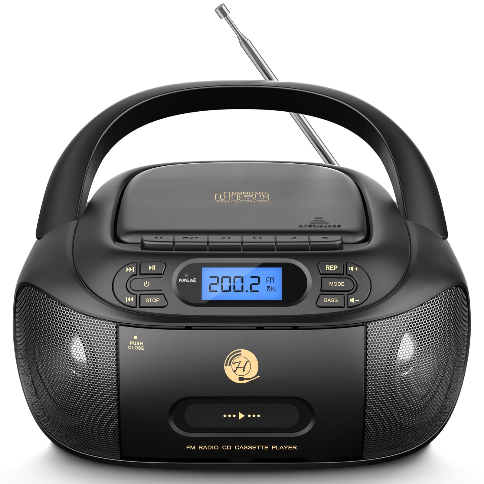 Hernido Portable Boombox with CD Cassette Player Combo, FM Radio, Rechargeable CD/Tape Player, Built-in Stereo Speakers Super Bass, Audio for Home Support AUX-In, USB Playback, Headphone Jack Output