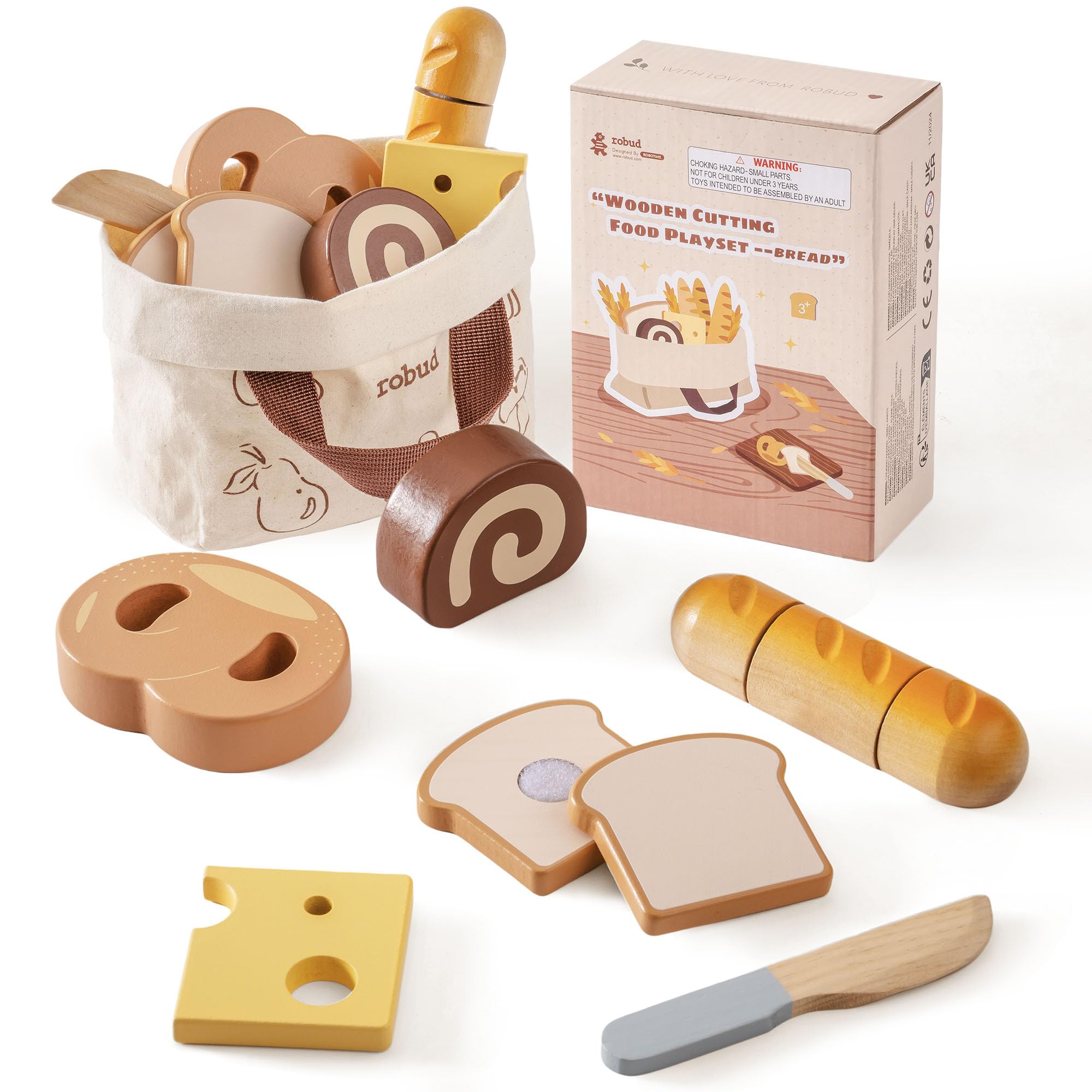 ROBUD Wooden Toy Food Set, Cutting Toy Food for Pretend Play Kitchen Accessories Toy Food Playset with Storage Bag, Toys Gifts for 3+ Year Old Girls Boys, Baking Set