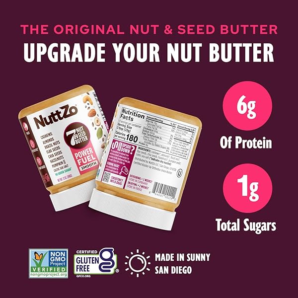 NUTTZO NATURAL POWER FUEL 7 NUTS AND SEEDS BUTTER, SMOOTH, PALEO AND KETO FRIENDLY, PEANUT AND GLUTEN FREE, KOSHER, NO ADDED SUGAR OR OIL, 12 OZ JAR