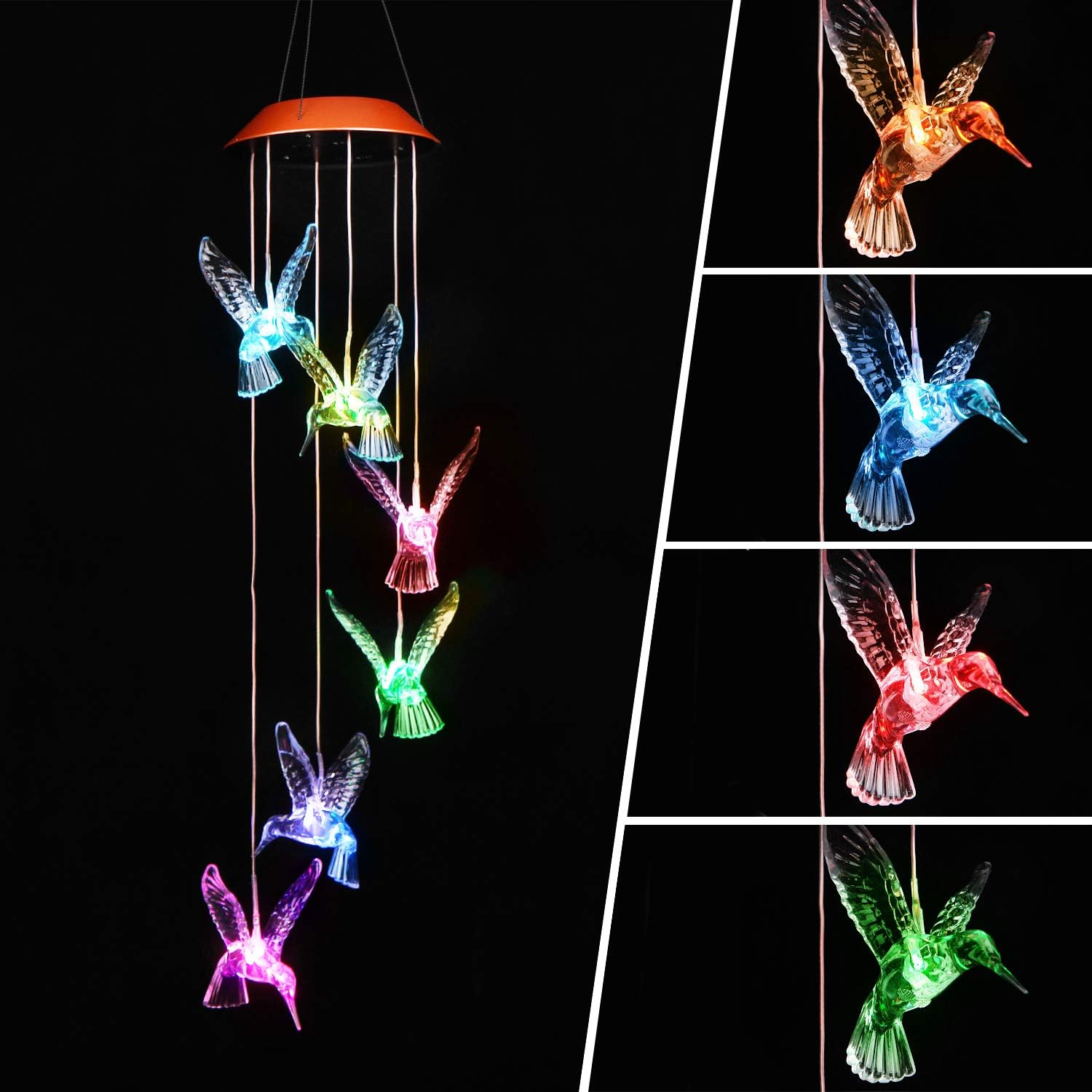 IMAGE Wind Chimes Solar Hummingbird Wind Chime Color Changing Lights Outdoor Solar Lights Hanging Decorative Garden Lights Xmas Gifts for Decor Home Garden Patio Yard Indoor Outdoor : Garden & Outdoor