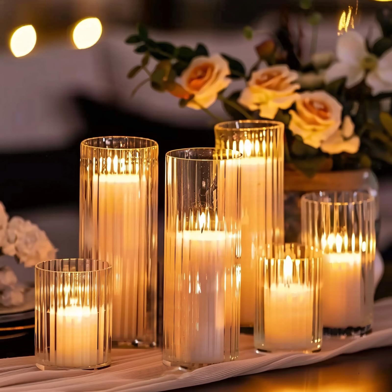 Photo 1 of 18 PCS Ribbed Hurricane Glass Candle Holders Bulk - Transparent Cylinder Candle Holders for Pillar Candles, Decorative Candle Hurricane Vases for Centerpieces Wedding Table Decorations