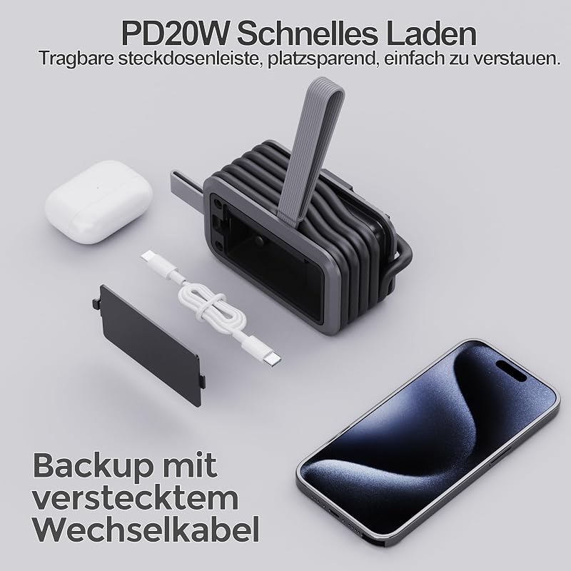 PD20W Multiprise de voyage, 4 en 1, avec USB et type C, 3680 W 16 A, adaptateur de prise, multiprise avec câble de données pour tablettes iPad iPhone, gris — photo 6 sur 7