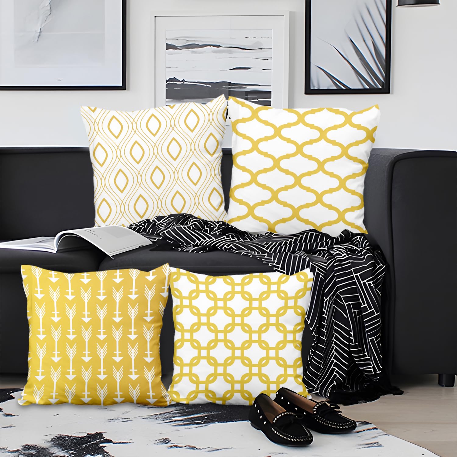 Aoihrraan Yellow and White Cushion Covers Set of 4, Geometric Throw Pillow Covers Arrow Lines Soft Short Plush Square Pillowcase for Sofa Couch Bedroom Car Chair Home Decor, 20x20inches Pillow Case