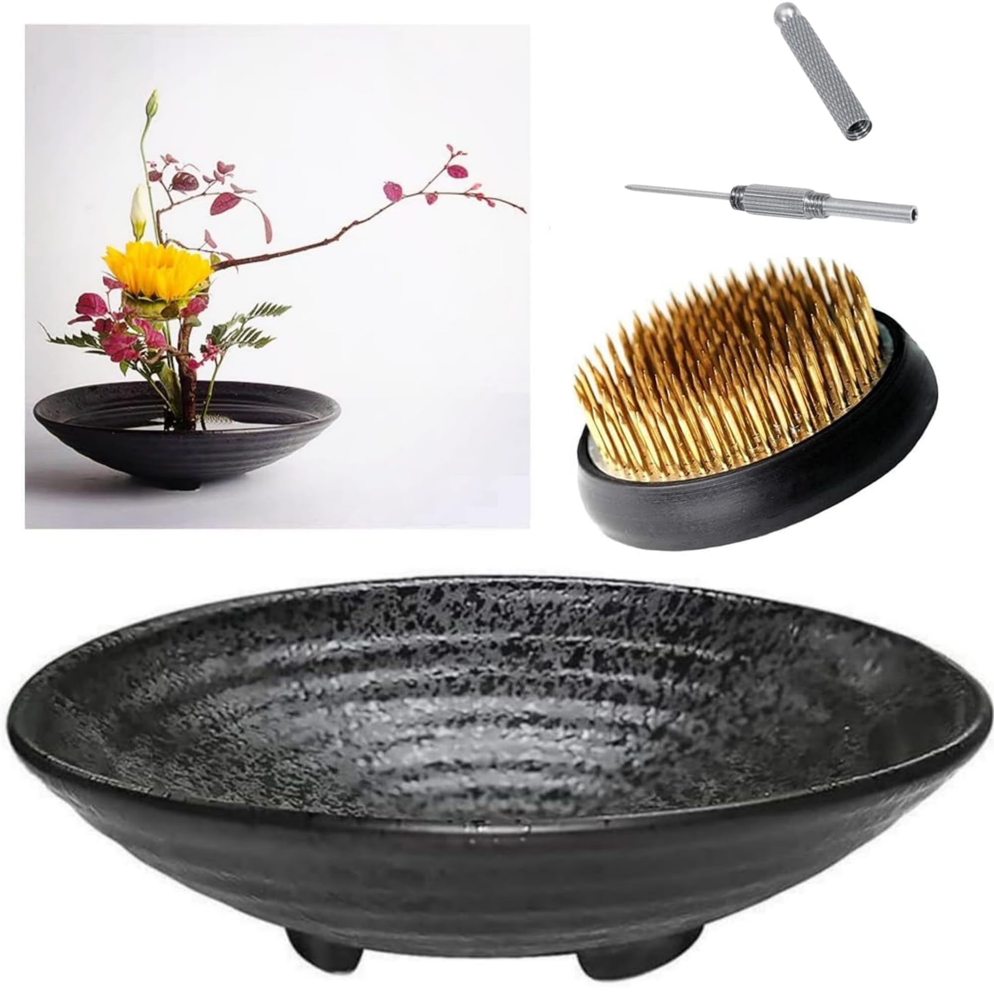 Photo 1 of Eggone Japanese Ikebana Kit Floral Frog Flower Container with Kenzan Needle Straightening Tool (Large Tripod Bowl)