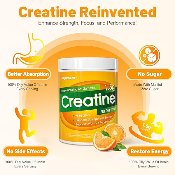 SUPERANT CREATINE MONOHYDRATE GUMMIES FOR MEN & WOMEN, 1.5G OF CREATINE PER GUMMY, BOOST FOCUS, STRENGTH, AND ENDURANCE, VEGAN, GLUTEN-FREE, NON-GMO, 90 GUMMIES