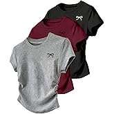 OYOANGLE Girl's 3 Piece Bow Graphic Short Sleeve Cute Shirts Set Ruched Slim Fitted Tee Tops Blouses