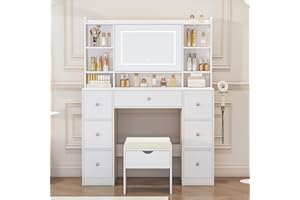 Viaozutis Vanity Desk with Mirror & LED Lights, Built-in Power Outlet, Dimmable LED Lighting, 7 Drawers & 7 Storage Compartments, Includes Padded Stool – Ideal Table for Bedroom Dressing Room (White)