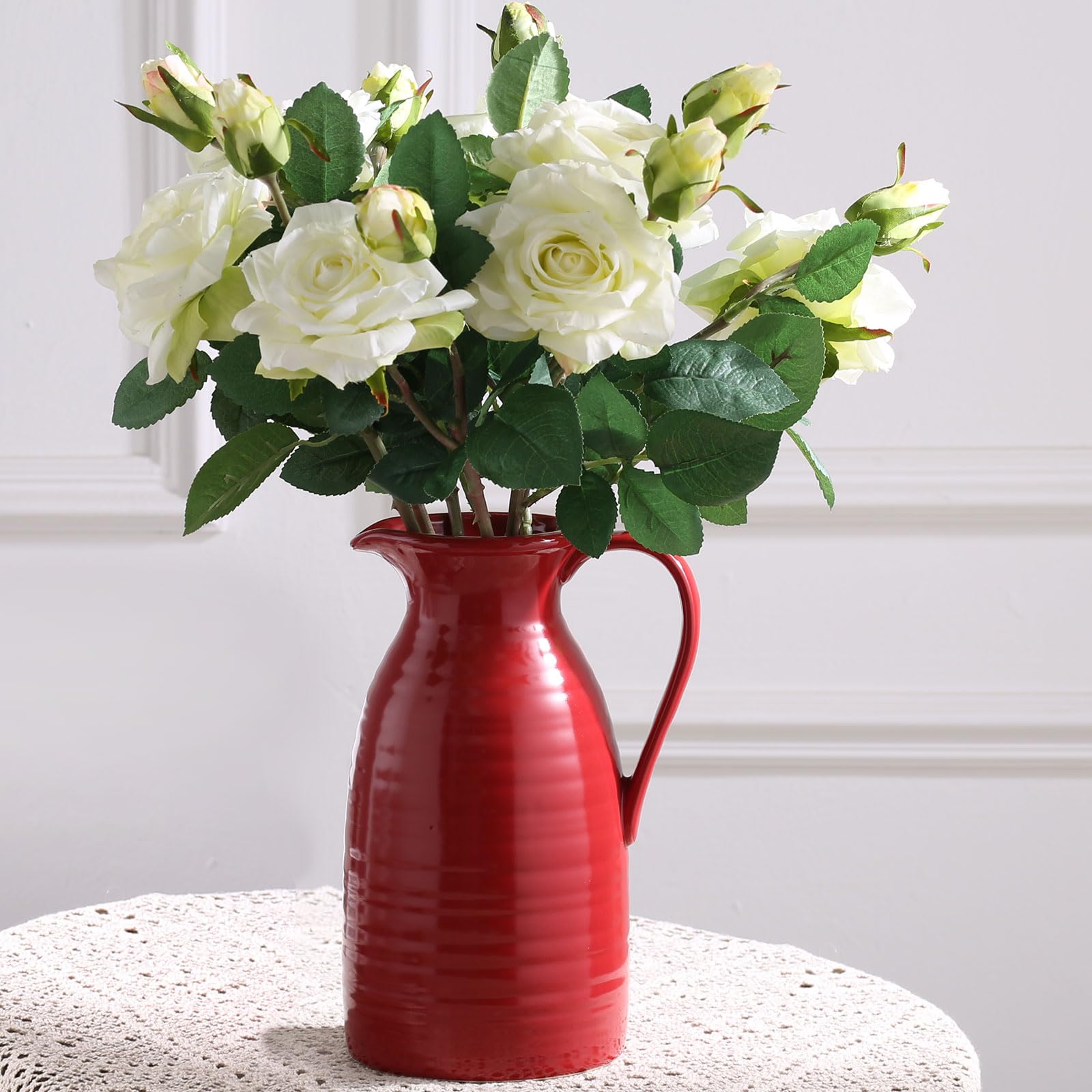 Photo 1 of ***Color: Yellow***hjn hjn Farmhouse Pitcher Vase for Flowers- Ceramic Pitcher Vase Red Decorative Pitcher for Your Kitchen/Home Decor/Office/Living Room/Bookshelf/Mantel/-Red