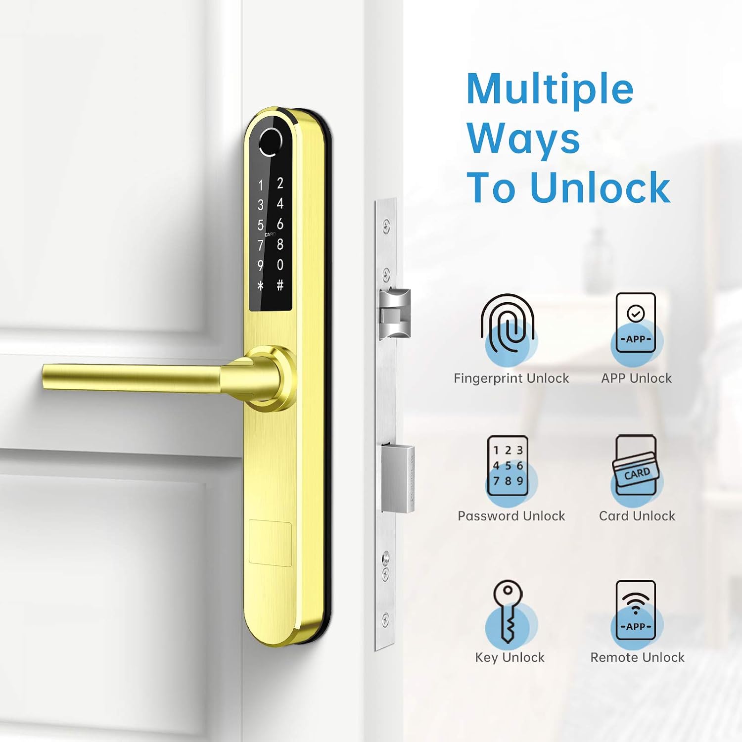 Ruveno Slim Fingerprint Bluetooth Smart Door Lock with Touchscreen, Fingerprint Keypad Card Keyles Unlock for Aluminum Swing Door(Gold) - Image 3