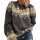 Fair Isle Vintage Sweaters for Women, Trendy Fall Long Sleeve Boho Knit Tops, Casual Oversized Cozy Pullover Crewneck Sweater