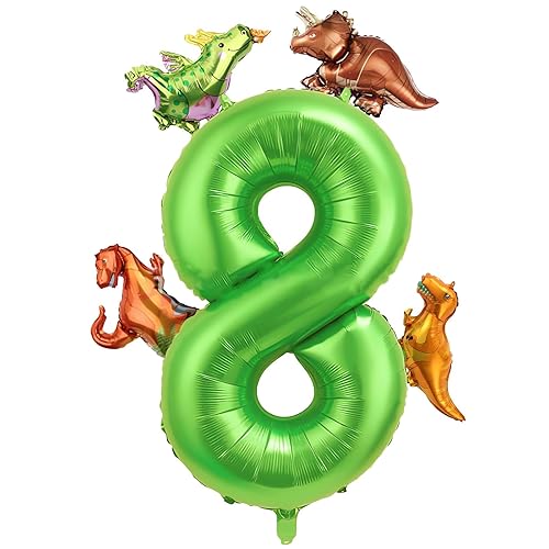 40 Inch Green Number Balloon 8 with 4 Mini Dinosaur Balloon for Dinosaur Theme Birthday Party Decorations