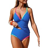 ZAFUL High Waisted Tummy Control Swimsuits Colorful 2 Piece Tankini Set Swimwear Cute V Neck Modest Summer Bathing Suit