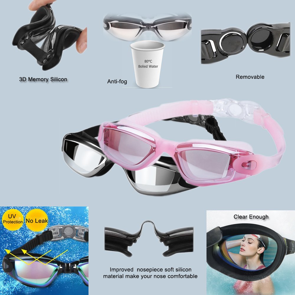 Alfway Swim Goggles, Swimming Goggles No Leaking Anti Fog UV Protection Triathlon Swim Goggles with Free Protection Case for Adult Men Women Youth Kids Child (Pink)