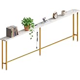 flevra 90" Narrow Sofa Table with Outlets (2 AC Outlets &amp; 2 USB Ports), Behind Couch Table with Charging Station, Long Skinny Console Table for Living Room, Entryway and Hallway (White &amp; Gold)