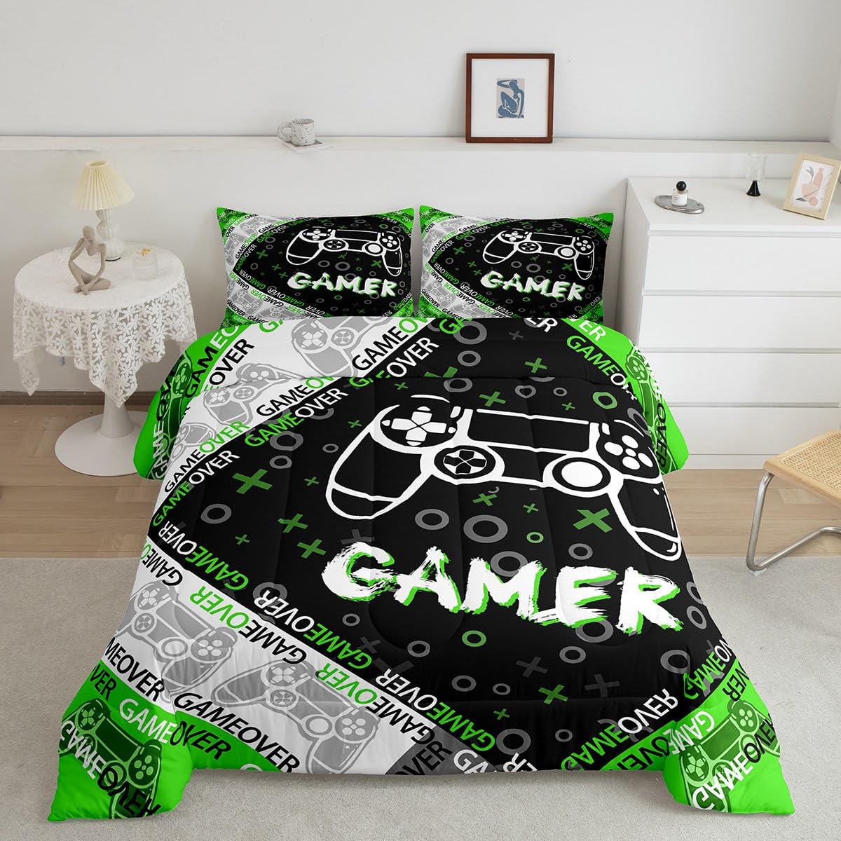 Kids Video Games Gamer Duvet for Boys Teens Green and Black Gaming All Season Bedding Set Video Game Gaming Duvet Insert Stylish Geometric Quilt Set With 1 Pillowcase 2Pcs Single Size