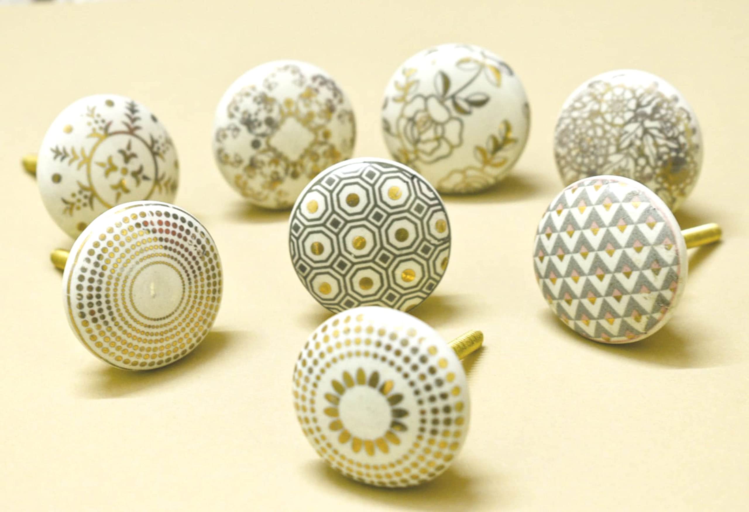 ARTISNO Royal Gold and Cream White Ceramic Door Knobs - 8-Pack Assorted Vintage and Shabby Chic Designs for Interior Furniture, Cabinet, Cupboard Drawers Pulls Handles Set of -8 — image 1