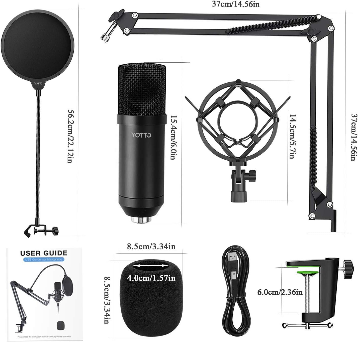 YOTTO USB Microphone Cardioid Condenser Mic 192KHz/24bit Plug and Play Professional Studio Podcast Microphone with Adjustable Microphone Stand Suspension Scissor Boom Arm, Pop Filter, Shock Mount: Home Audio & Theater