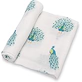 LollyBanks Baby Muslin Swaddle Blanket, Soft Baby Girl 47 x 47 Inches, Newborn Blanket for Girls, Registry (Peacock Print, Animal)