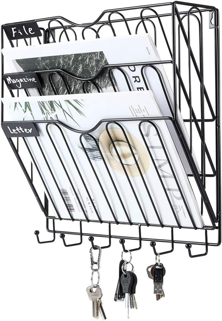 Wall File Holder Superbpag Hanging Mail Sorter Organizer 3-Tier Metal Wall Mount Magazine Literature Rack with Key Holder, Black : Office Products