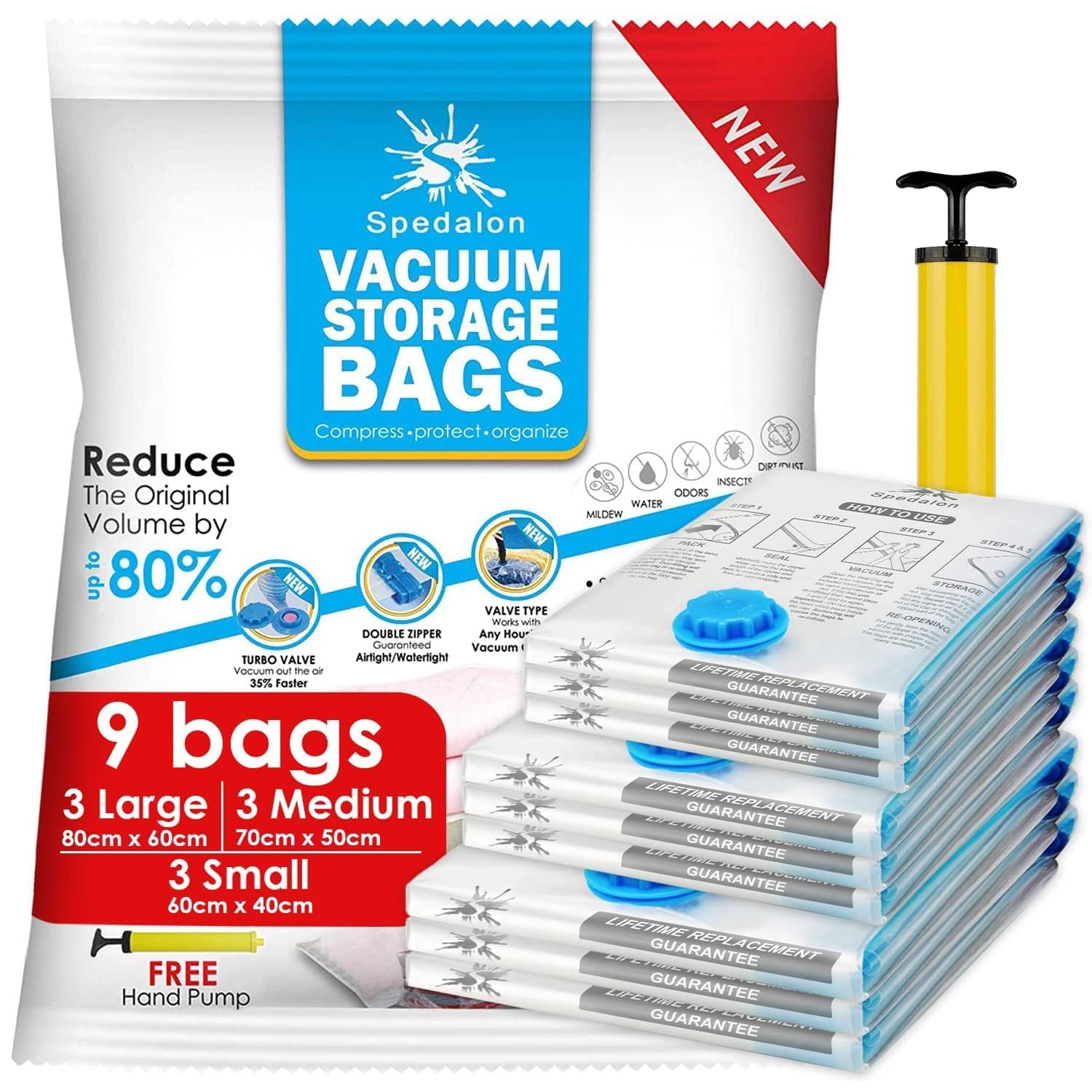 Spedalon Vacuum Storage Bags - Pack of 9 (3 Large + 3 Medium + 3 Small) ReUsable with free Hand Pump for travel packing | Best Sealer Bags for Clothes, Duvets, Bedding, Pillows, Blankets, Curtains