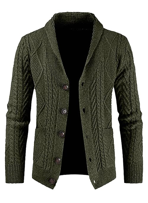 JMIERR Sweaters for Men Casual Long Sleeve Shawl Collar Button-UP Wool Blend Cable Knit Essentials Fisherman Cardigan Sweater with Pockets Old Money Clothes,5XL,Green