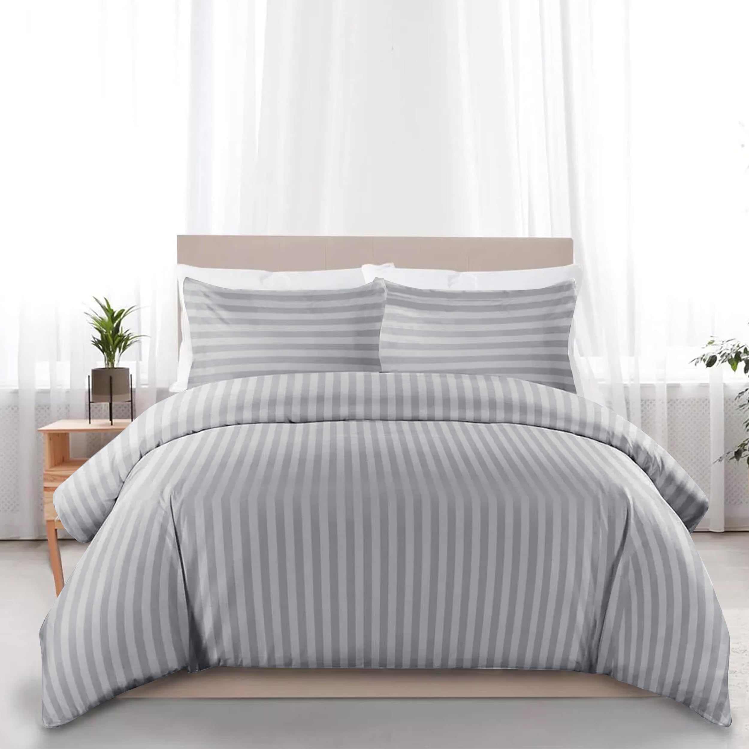 My home store Grey Single Duvet Cover Set - 100% Cotton Hotel Quality Stripe Quilt Cover Bedding Sets with 1 Pillowcase - Hypoallergenic Button Closure Soft Breathable Bed Covers — image 1