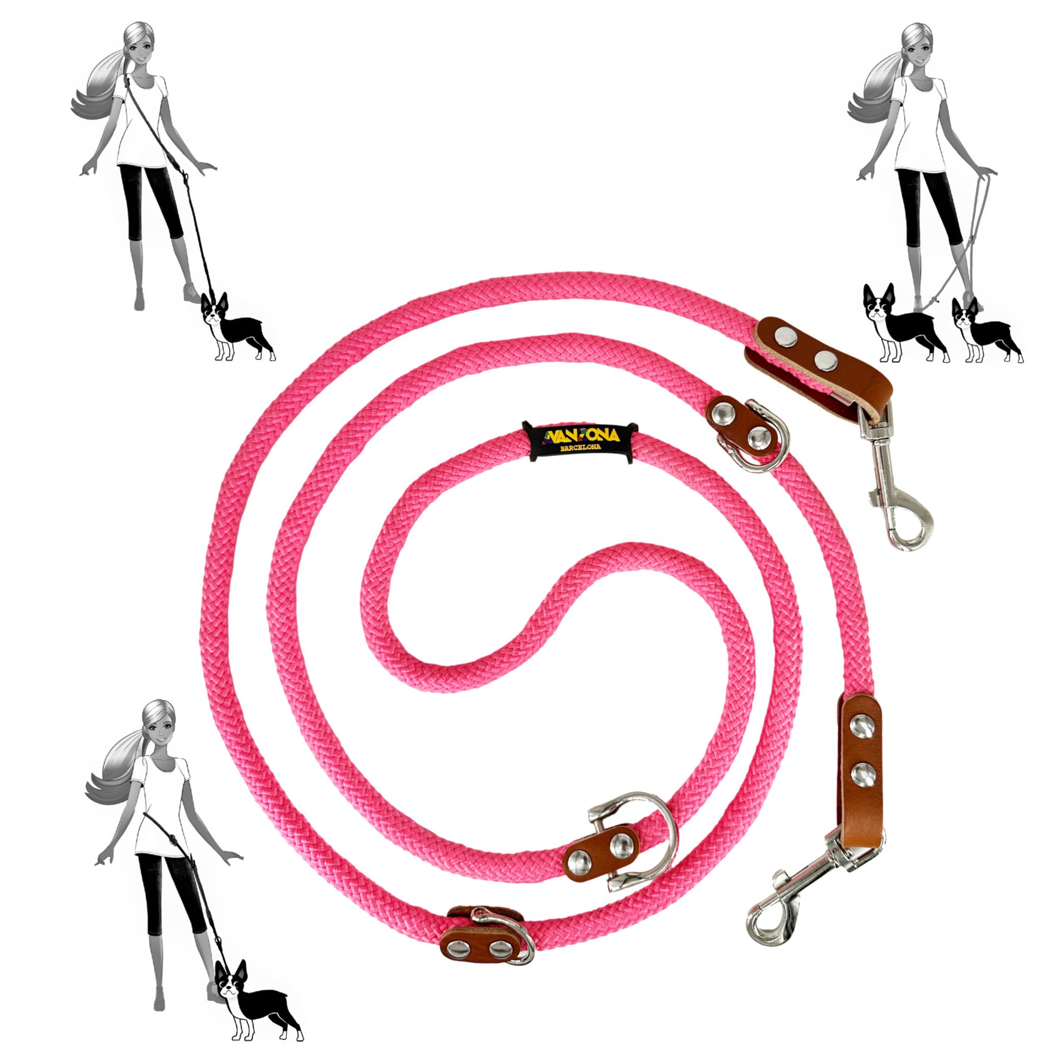 Hands Free Dog Lead. Double Ended, MultiFunction, Multiposition, for 2 Dogs, Small Medium Large. Rope and Leather, Made in Spain. Pink & Cognac.