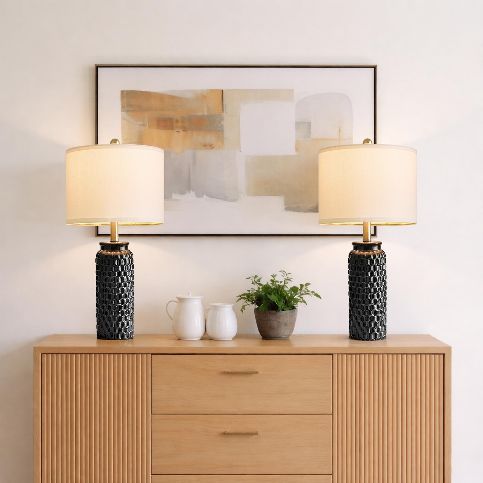 USumkky 24" Modern Ceramic Black Bedside Lamp Set of 2 Table Lamp for Bedroom Decor Farmhouse Table Lamp for Living Room Office Dorm Image