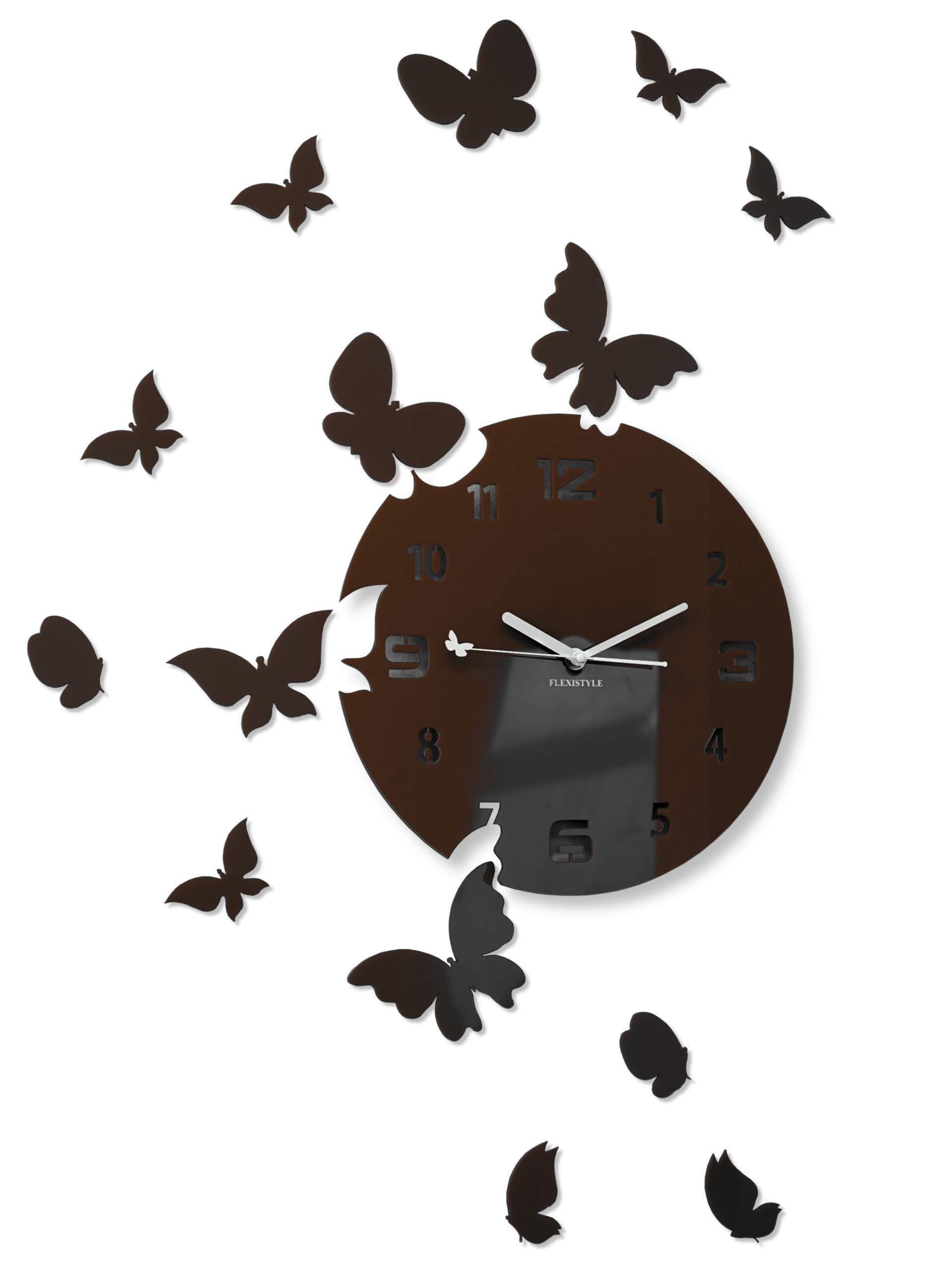 FLEXISTYLE Large Modern Wall Clock Butterfly Round 30 cm 15 Butterflies Living Room Bedroom Children's Room Product Made in the EU (Dark Brown Wenge), z4g-9
