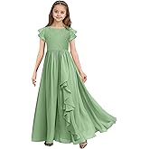 Short Sleeve Lace Junior Bridesmaid Dress Chiffon A Line Long Flower Girl Dress for Wedding Prom Gown