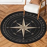 Compass Rose Round Area Rug, Artwork Black Non-Slip Circle Rug for Bedroom Living Room Outdoor Study Playing Floor Mat Carpet