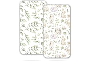 TCBunny 2 Pack Premium Fitted Baby 32X16” Changing Pad Sheets - Ultra-Soft 100% Cotton, Stylish Rabbit, and Garden Pattern, S