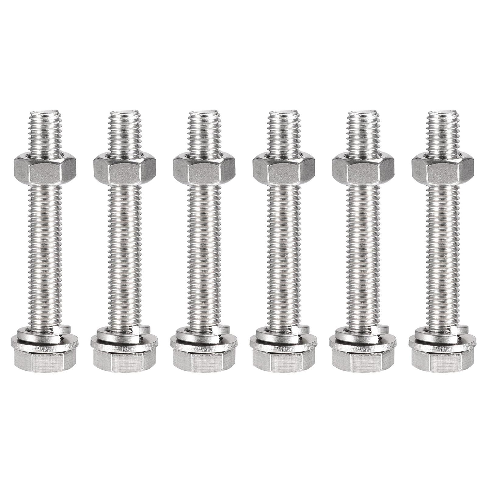 TOP-VIGOR 6Pcs M10 x 70mm Hex Head Screws Bolts, Nuts, Flat & Lock Washers Kits, 304 Stainless Steel Fully Thread Hexagon Bolts for DIY Bike Motorcycles Repair