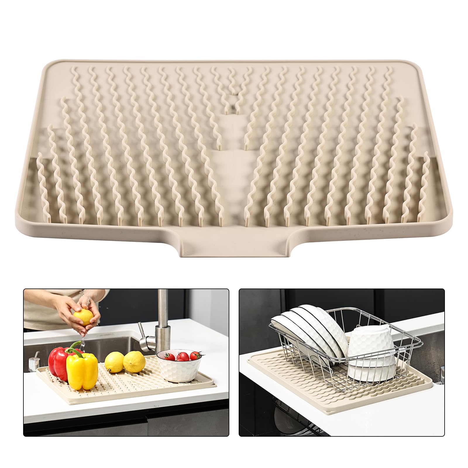 Photo 1 of Silicone Dish Drying Mat for Kitchen Counter or Sink , Heat-resistant Dish Dryer Mat with Built-in Drain Lip , Non-Slip Drain Pad Protects Surfaces Prevents Water Build UP (Beige, 13x15.8 Inch)