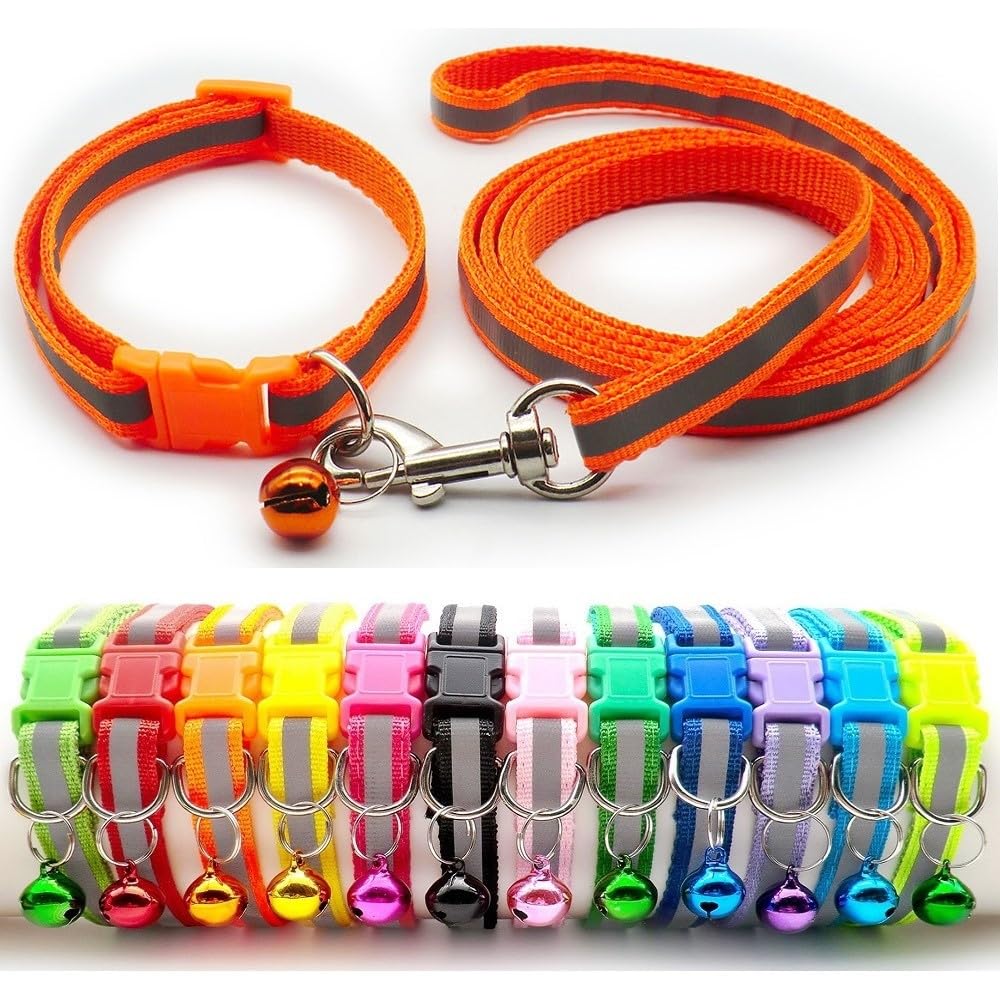 Small Dog Puppy Pet Collar and Lead Set Reflective Hi-Vis Strip Nylon Adjustable Size 19-32cm Collar with Bell and 120cm Leash Orange
