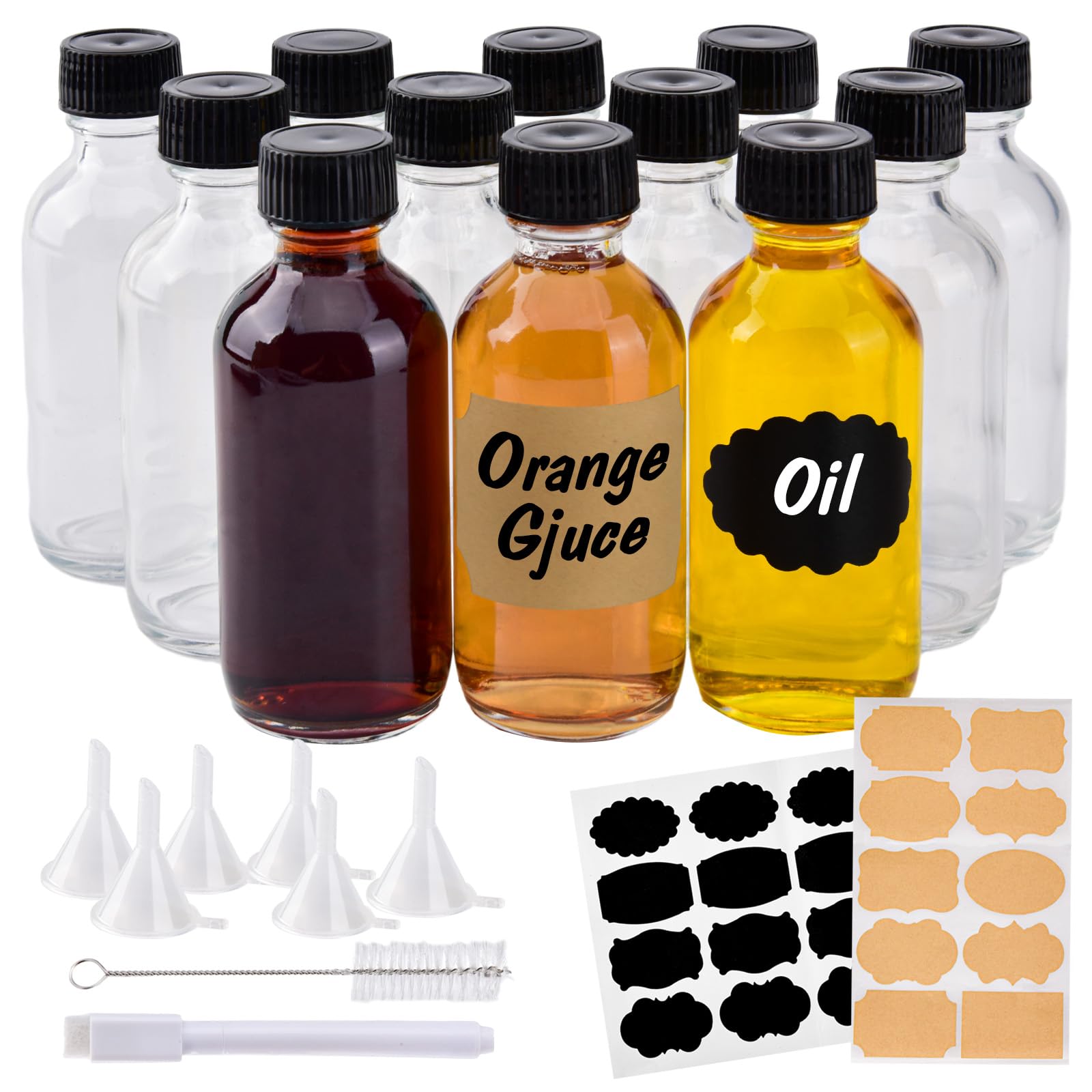 V·Colokishi 12 Pack 2oz Small Clear Glass Bottles w/ Caps，60ml Short Glass Jars，Wellness Shot Bottles w/ Funnels，Stickers & Brush，Mini Liquor Bottles Juice，Water，Ginger，Whiskey，Potion，Sample，Black