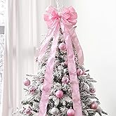 Bunny Chorus Christmas Tree Decorations: 1pc Large Christmas Tree Topper Bow with Long Streamers, Pink Romance Christmas Bows Ribbon Bow for Xmas Tree Garland Fireplace, Home School Office Party Décor