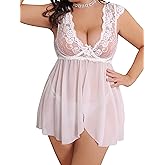Donnalla Plus Size Lingerie for Women Sexy Lace Babydoll Chemise V-Neck Mesh Sleepwear Boudoir Nighty for Curvy Women