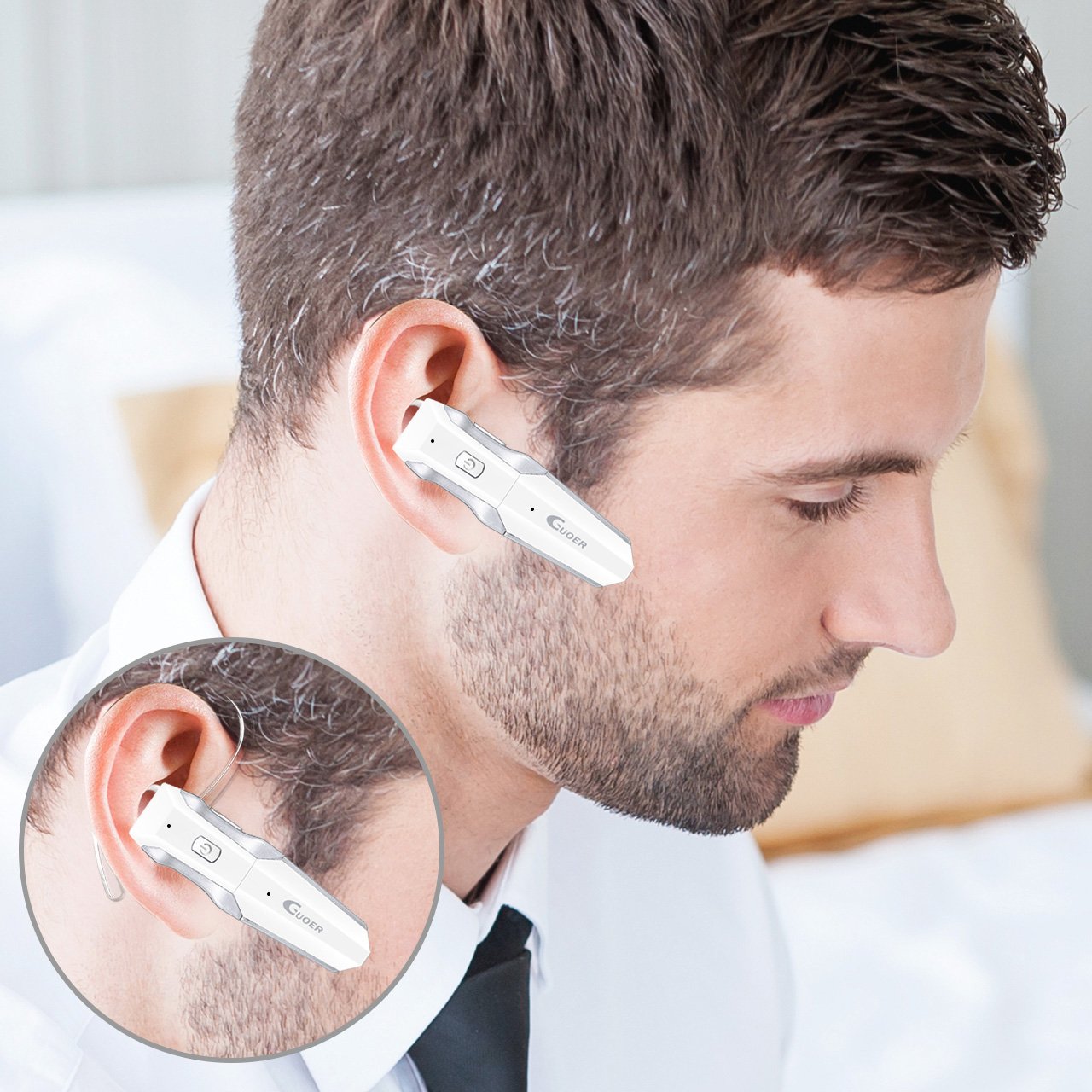 GUOER Bluetooth Headset with Backup Battery Noise Cancellation Wireless Bluetooth Earpiece With Microphone Driving Handsfree Earbuds(White/Silver)