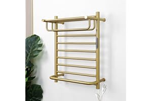 MEIJIELUO Heated Towel Racks for Bathroom, Gold Towel Warmer Rack Wall Mounted with Top Shelf, Timer & Temperature Control Electric Towel Drying Rack (14 Bars with Top Shelf Brushed Gold A, Plug-in)