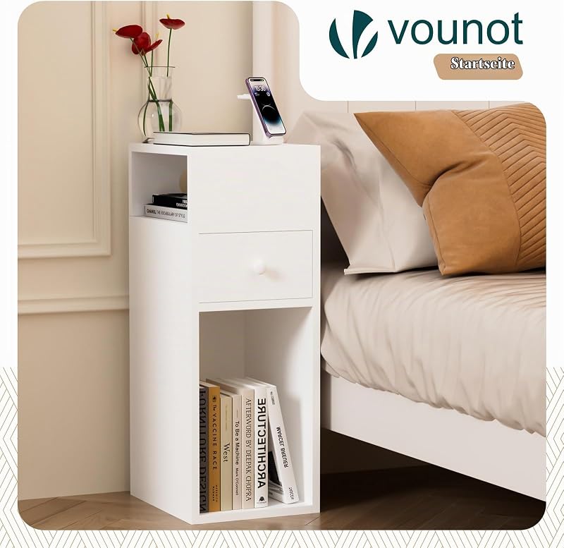 ® Nachttisch 2er Set, Schmal, Beistelltisch mit 2 offenem Fach & 1 Schublade, Modern Nachtschrank, Nachtkästchen für Schlafzimmer, Wohnzimmer, 25x30x66cm Weiß