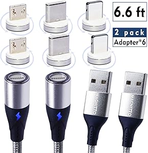 Magnetic Charging Cable MAGNITTO 3-in-1 Nylon Braided Quick Charging Cord, Compatible with Mirco USB, Type C Smartphone and iProduct Devices, USB A 2.0 to USB-C Fast Charger, USB C Cables 6.6ft 2-Pack