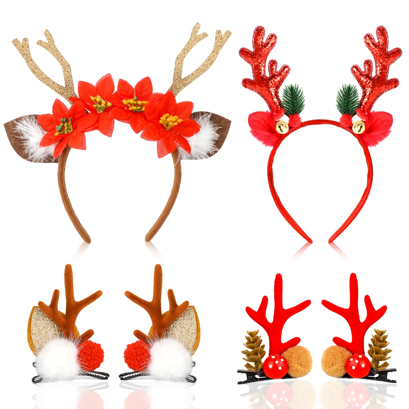 HOWAF 4 Christmas Reindeer Headband & Hair Clips, Christmas Headbands Reindeer Antlers Headband, for Halloween Xmas Costume, Red Gold — image 1