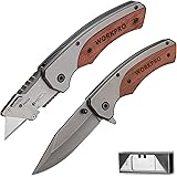 WORKPRO Folding Utility Knife & EDC Pocket Knife, Quick-Change Wood Handle Razor Box Cutter and Foldable Knife Kit with Extra