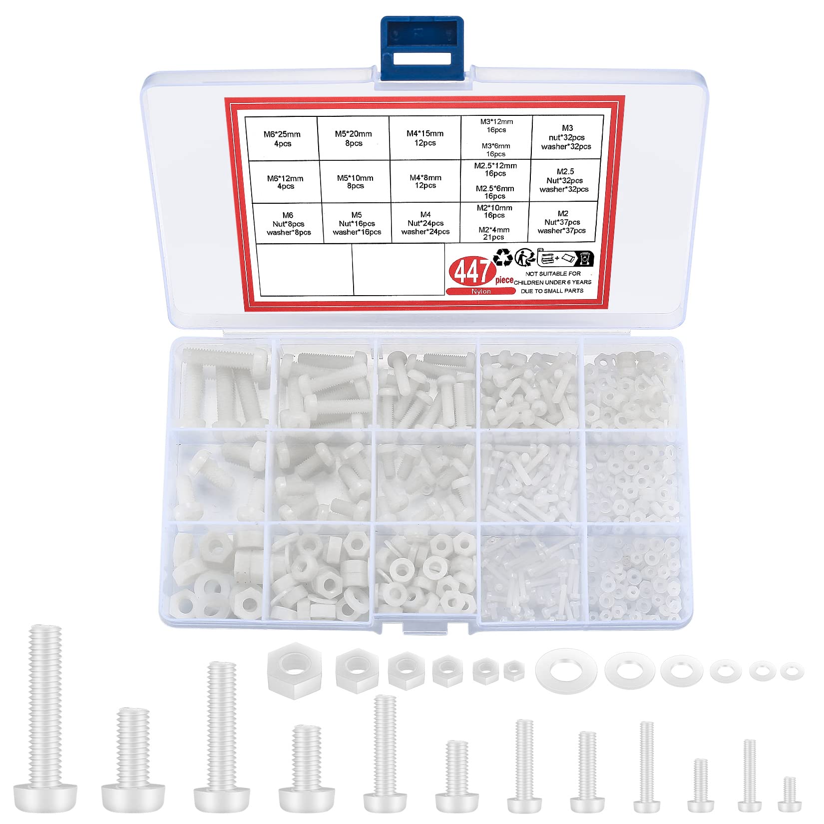 447 Pcs Nylon Plastic Hexagon Pan Head Round Head Screws Bolts and Nuts and Gaskets Kit, White Hex Socket Head Screws Bolts and Nuts and Washers Assortment Set - M2/M2.5/M3/M4/M5/M6
