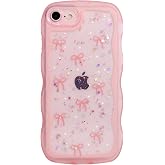 Qokey for iPhone 16e/17e Case 6.1 inch,Bling Clear Wave Cover Pink Bow | Glitter Star &amp; Curved Edge Handle Grip,Design Military-Grade Shockproof,Clear TPU Cover Sparkle Protection Scratch-Resistant