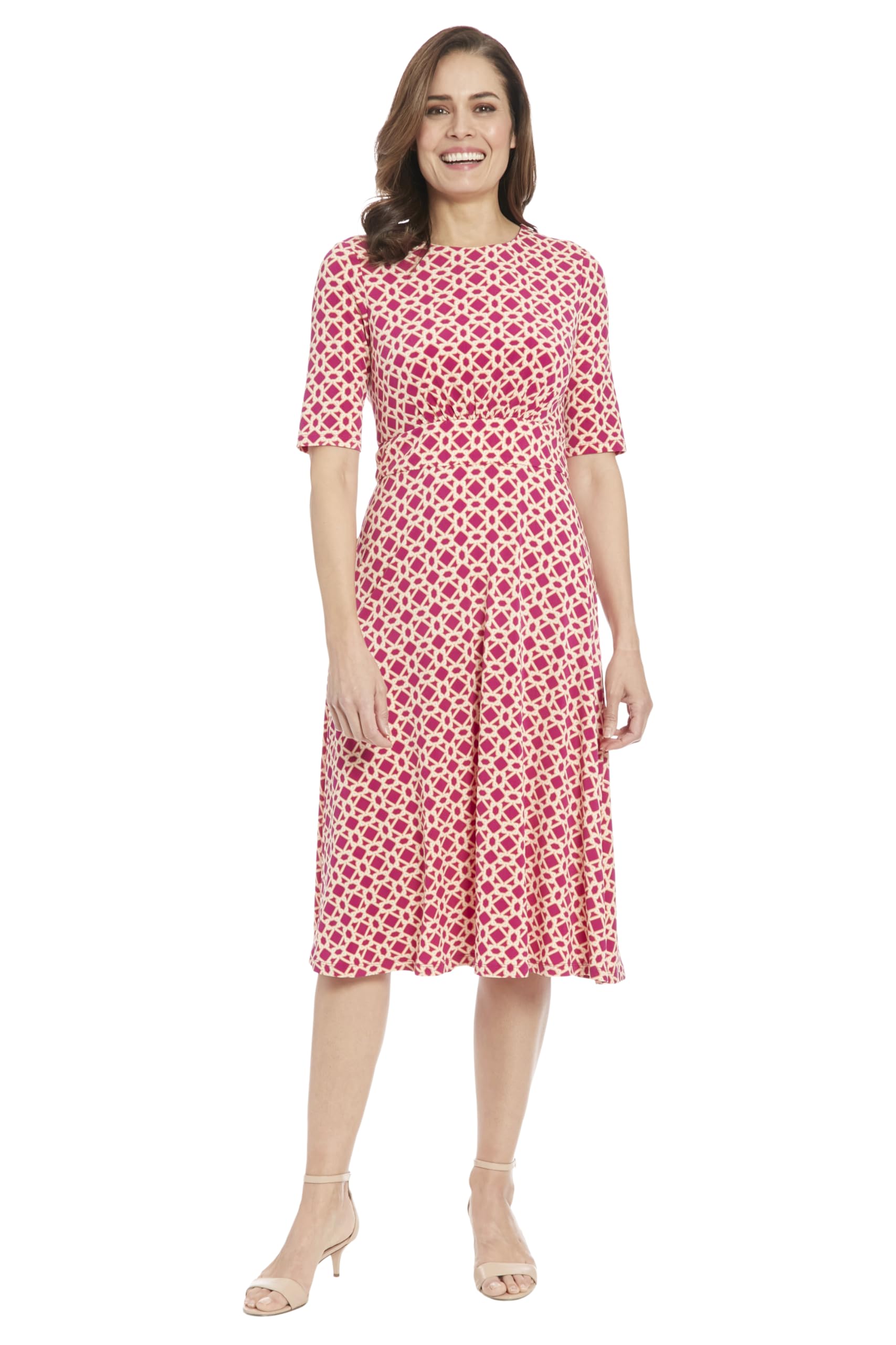 London Times Women’s Dresses Inset Waist Midi Dress Career Office Occasion Guest of, Hexagon Geo – Raspberry/Soft Ivory, 6