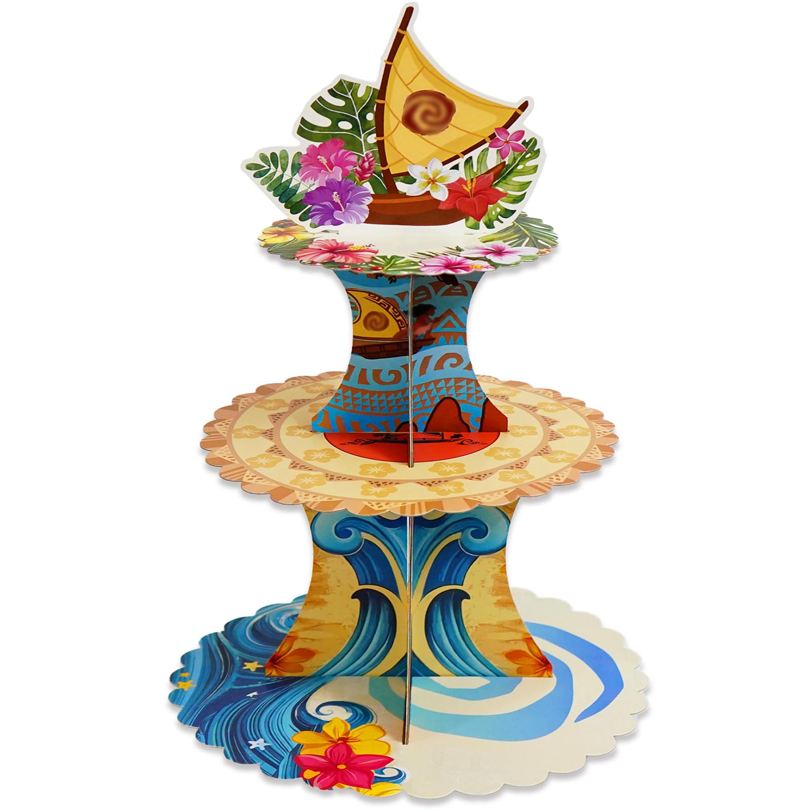 Photo 1 of Tropical Hawaiian Birthday Cupcake Stands, Cartoon Movie Theme 3 Tier Paper Cupcake Rack Tropical Flower Party Decorations for Baby Shower Boys Girls Birthday Party Supplies (Fantasy Style)